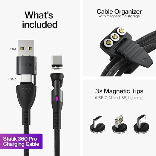 Statik 360 Pro Magnetic Charging Cable - Type C Charger Fast Charging 3 in 1 USB C to USB C Cable Micro USB &amp iProduct Tips USB A Adapter Fits All Devices - 100W Fast Charger Black 10FT/3M