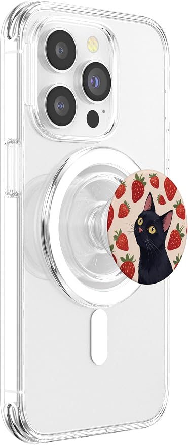 Beige Red Strawberry Black Cat Illustration Print PopSockets PopGrip for MagSafe