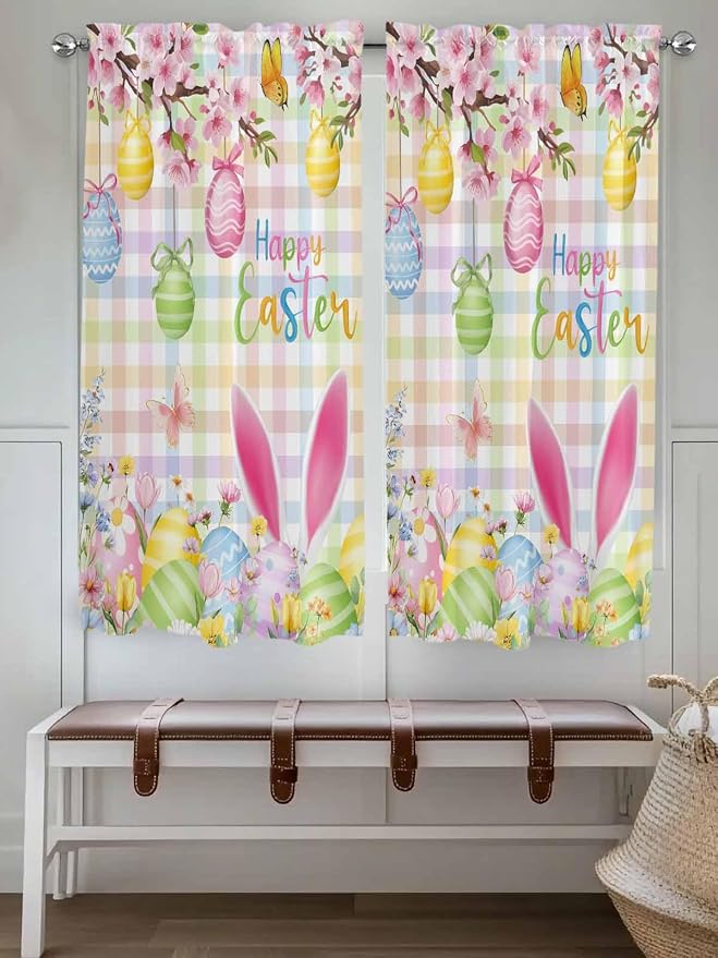 Happy Easter Living Room Curtains 72 Inches length, Spring Bunny Colorful Eggs