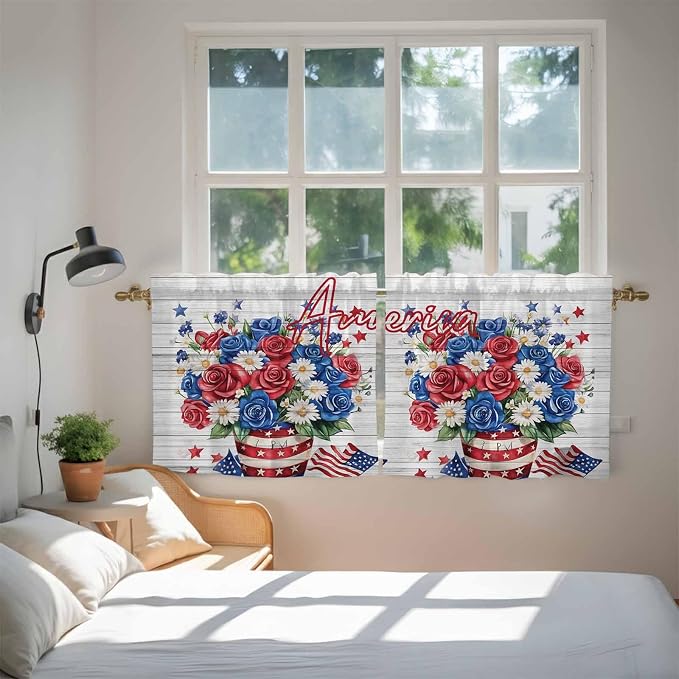 Independence Day Kitchen Tier Curtains 24 Inch Long 2 Panel Set, Rod Pocket