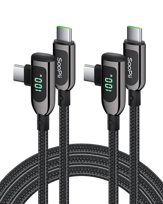SOOPII 100W Right Angle USB C to USB C Cable2-Pack 1FT Zinc Alloy Case Nylon Braided Type-C Cable with LED Display for lPad Mini/Air/ProMacBook ProSamsung S23/S22/S10PixelLG(0.3mBlack)