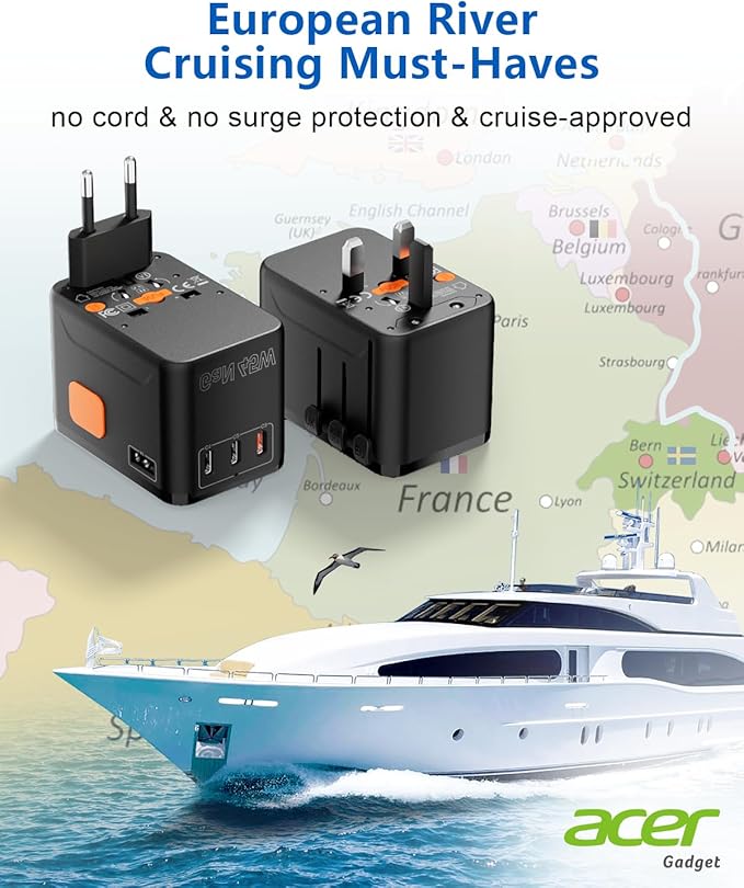 Acer 45W GaN Universal Travel Plug Adapter - International Power Adapter with 3 USB C & 1 USB A, Worldwide Power Outlet Travel Essentials for USA to European UK AUS Ireland, Type C/G/I/A, Black