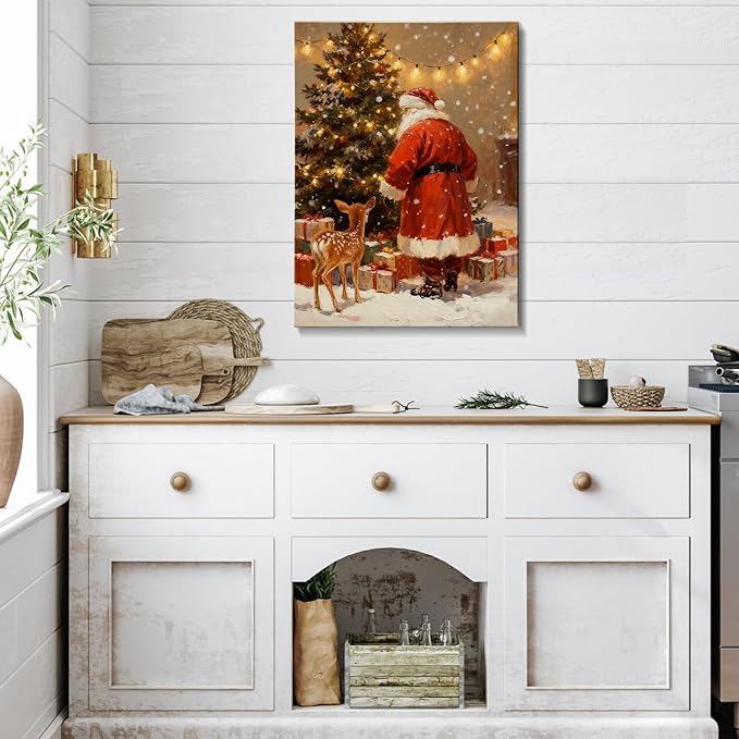 Santa's Reindeer & Christmas Tree Canvas Wall Art - Vintage Framed Canvas Prints for Living Room & Office, Festive Christmas Wall Decor Ready to Hang, Unique Christmas Gifts & Holiday Winter Decor