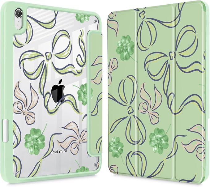 Case for iPad mini (A17 Pro 7th Generation) 2024/iPad Mini (6th Gen) 8.3 Inch with [Built-in Pencil Holder] Shockproof Cover with Clear Transparent Back Shell &amp Auto Wake/Sleep - Blue Bows