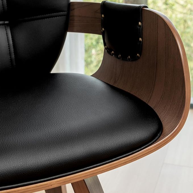 Set of 4 Mid Century Modern Chairs - Swivel Dining Chairs with Arms and Curved Back, Faux Leather Reception Room Chairs, Ideal for Kitchen/Living Room/Reception/Desk (Walnut Black)