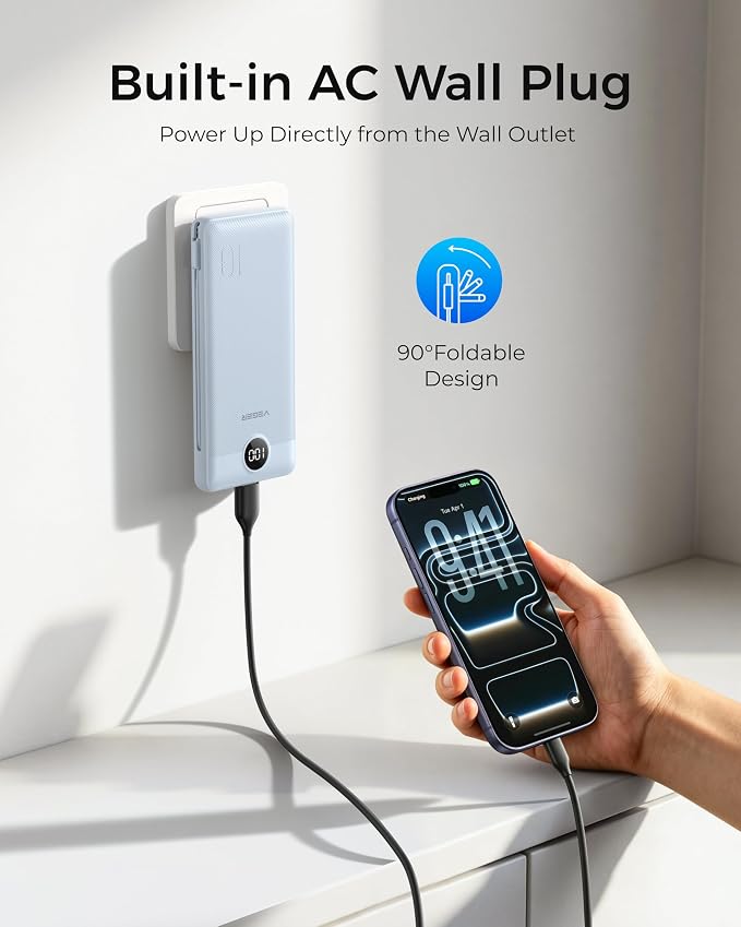 VEGER Portable Charger for iPhone Power Bank Built in Cable and Wall Plug | 10000mAhUltra Slim&ampCompact5 OutputsLED DisplayFlight-SafeTravel Essentials Battery Pack for iPhone 17iPad Samsun