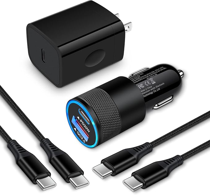 Type C Charger Fast Charging Block for Samsung Galaxy S25 A15 5GA16A55 | A35A14A13A25S24 S23 FEA03sA53Z Fold620W PD 3.0 USB C Wall Charger 38W Car Adapter+2 PCS Android 6ft USB C-to-C Cable