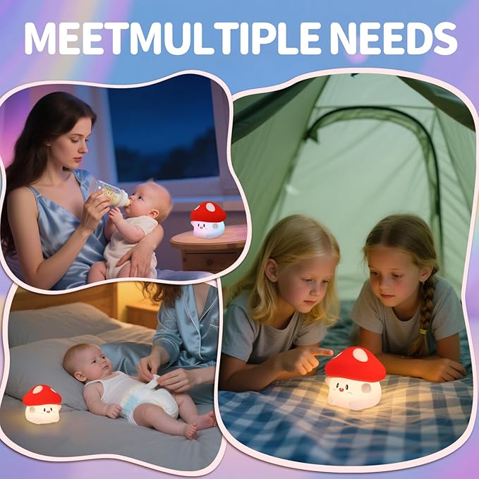Rytinazzz Mushroom Night Light, Color Changing & 50-Hour Battery, Squishy Lamp with Pat Control for Kids Room Decor, USB Rechargeable, Valentines Gifts