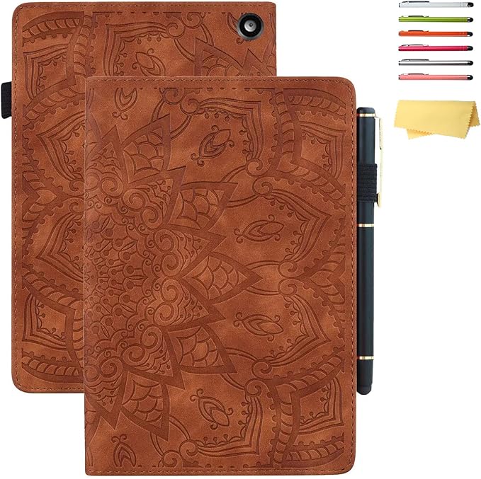 for Kindle Fire HD 8 Tablet (only Fits 10th Generation) &amp Fire HD 8 Plus 8 Case 2020 with Stand/Pencil Holder/Card Pocket/Elastic Band Embossed PU Leather Floral Cover Brown Peacock Flower