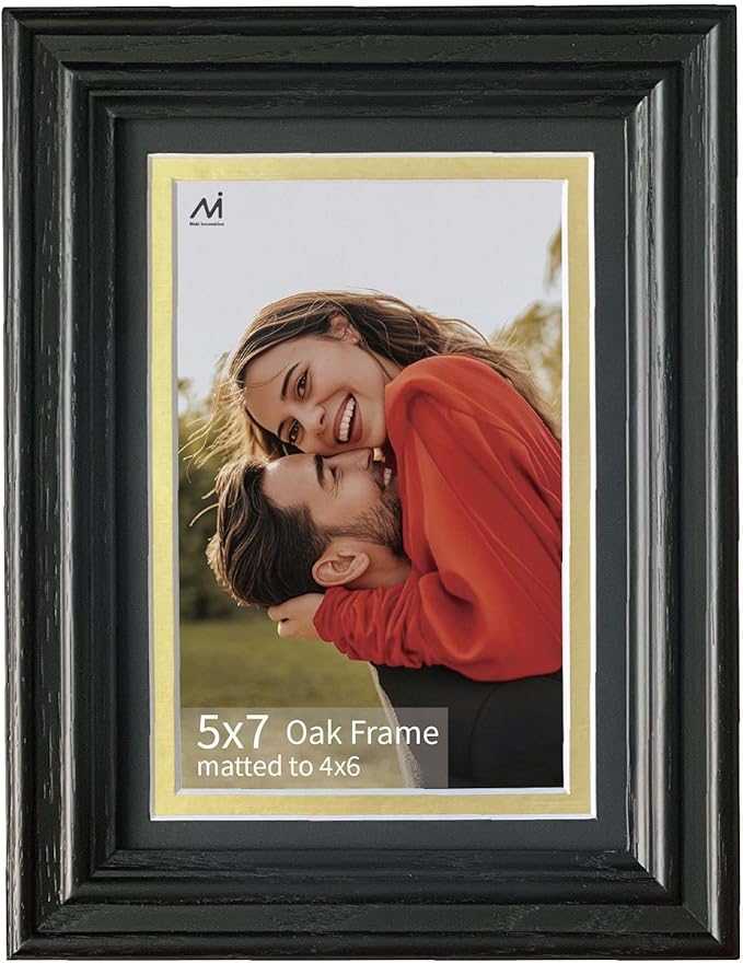 5x7 Picture Frame for Wall or Tabletop Oak Wood, 4x6 Picture Frame with Mat,5x7 Premium Photo Frame with Real HD Tempered Glass,Ideal for Home Decor, Art Gallery,Black, 1 Pack