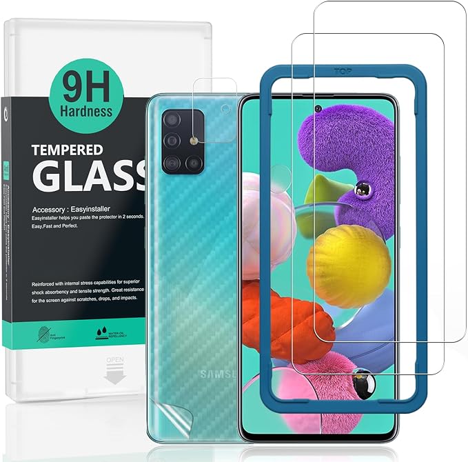 Ibywind For SamSung Galaxy A51 Screen Protector 2 Pack 9H Hardness Tempered Glass[Military-Grade Protection]With 1Pc Camera Lens Protector 1Pc Back Carbon Fiber Film[Anti-Scratch][Anti-Shatter]