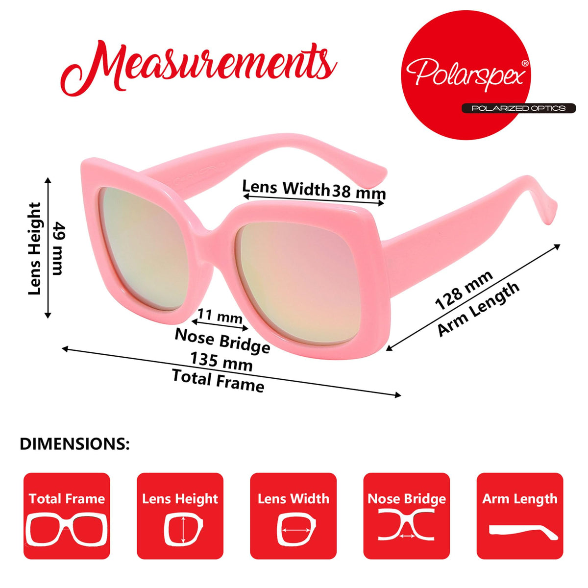 PolarSpex Girls Elastic Square Oversized Kids Polarized Sunglasses - BPA Free