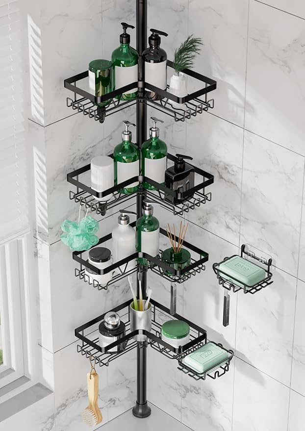 Tension Pole Shower Caddy, 4-Tier Stainless Steel Shower Organizer with 2 Removable Soap Holders, 25 to 114.2 Inches, for Bathtub/Bathroom Corner, Renters Friendly, Black
