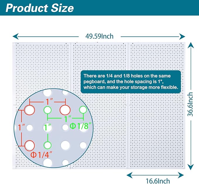 Daanxw Pegboard Rack Garage Storage Steel Horizontal PegBoard Pack,Steel Pegboard Heavy Duty- 3 Pack 16-Inch X 36-Inch Metal Peg Board Tool Organization Panels (White)