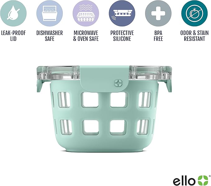 Ello DuraGlass Rounds Glass Food Storage Containers - Meal Prep Bowls with Silicone Sleeve and Airtight Lids, 2 Cup, Yucca