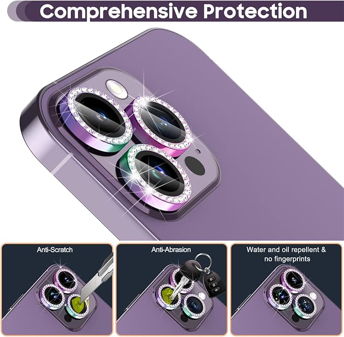 Suoman for iPhone 14 Pro Max / 14 Pro Camera Lens Protector [Diamonds Bling] 9H Tempered Glass Full Coverage Metal Protective Cover - Diamond Black