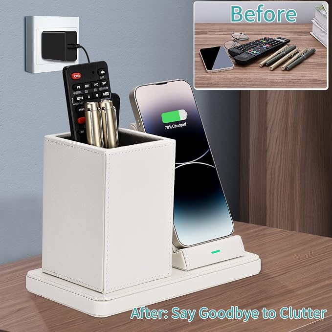 Wireless Charger with Desk Organizer Wireless Charging Station for iPhone 13/13 Pro Max/13 Pro/12 Series/11/XS Max/XR/X/8Plus/SE 2 Wireless Charging Stand with Leather… (Black)