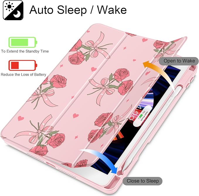 Case for iPad 9th/8th/7th Generation 10.2-Inch (2021/2020/2019 Release) with [Built-in Pencil Holder] Shockproof Cover with Clear Transparent Back Shell &amp Auto Wake/Sleep - Blue Bows