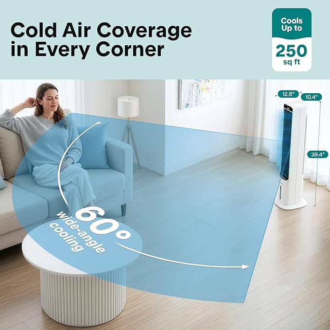 SereneLife Evaporative Air Cooler Tower with Remote, 5L Tank, 4 Ice Boxes, 3 Speeds, Quiet Standing Cooler with Oscillation for Home, Office or Bedroom, Portable & Energy Efficient, 10” x 13” x 39”