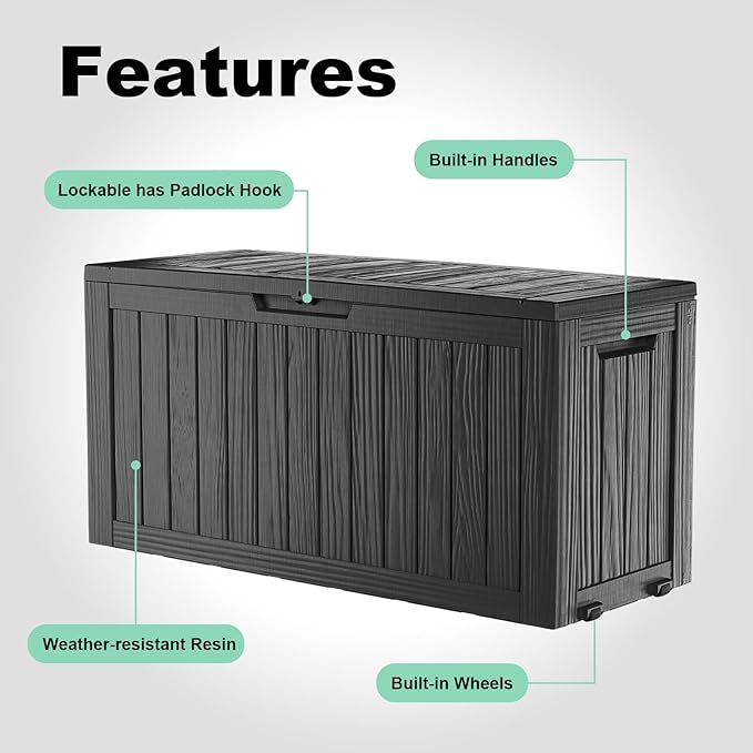 Vixzen 75 Gallon Resin Deck Box, Lockable Outdoor Storage Box for Patio Cushions Storage Furniture,Garden Tools, Pool Supplies, Weatherproof and UV Resistant- Black