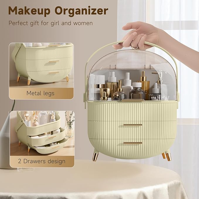 Makeup Organizers, Make Up Organizers for Vanity, Countertop Cosmetic Storage with Drawers and Transparent Cover for Bedroom Bathroom (Maize-yellow)