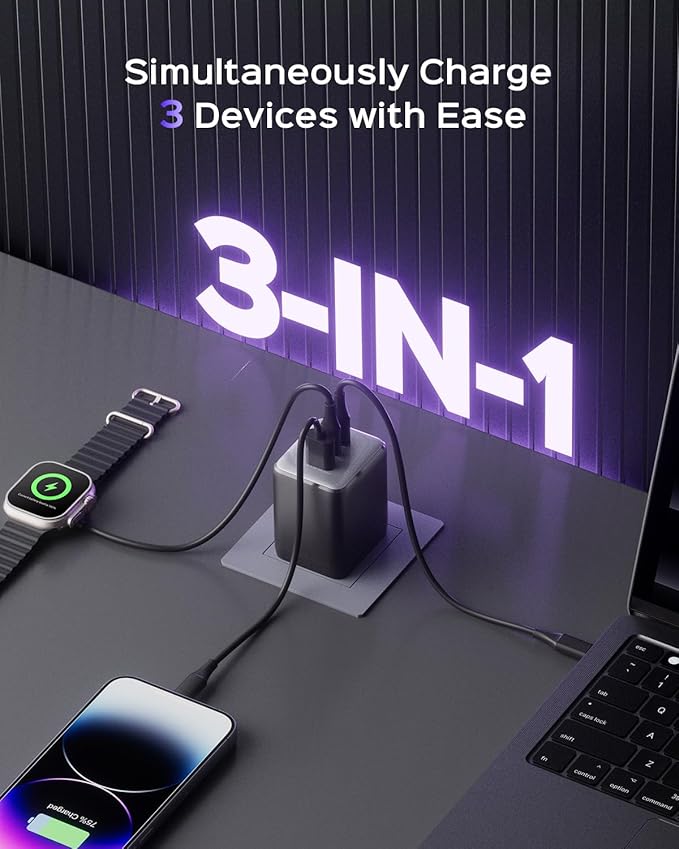 100W USB C Wall Charger 3-Port PPS PD 3.0 Compact Foldable Wall Charger Block Fast Power Adapter for MacBook Pro/Air Dell XPS iPad Pro iPhone 17/16/15 Galaxy S25/S24 (Black)