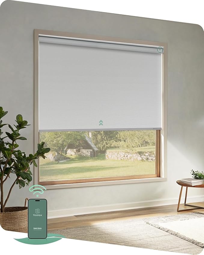 Yoolax Motorized Blinds App Control, Blackout Roller Shades for Windows, Cordless Automatic Shades Roller Window Blinds for Bedroom Living Room Office (Blackout Alpine White, 30" W x 72" H)