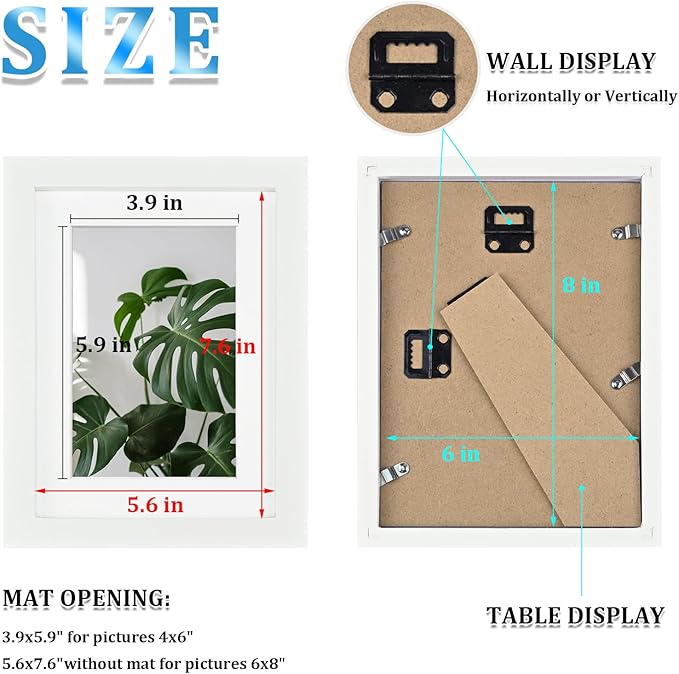 Egofine 6x8 Picture Frame Made of Solid Wood Covered by Plexiglass, Display Pictures 4x6 with Mat or 6x8 Without Mat for Table Top Display and Wall Mounting Photo Frame, White