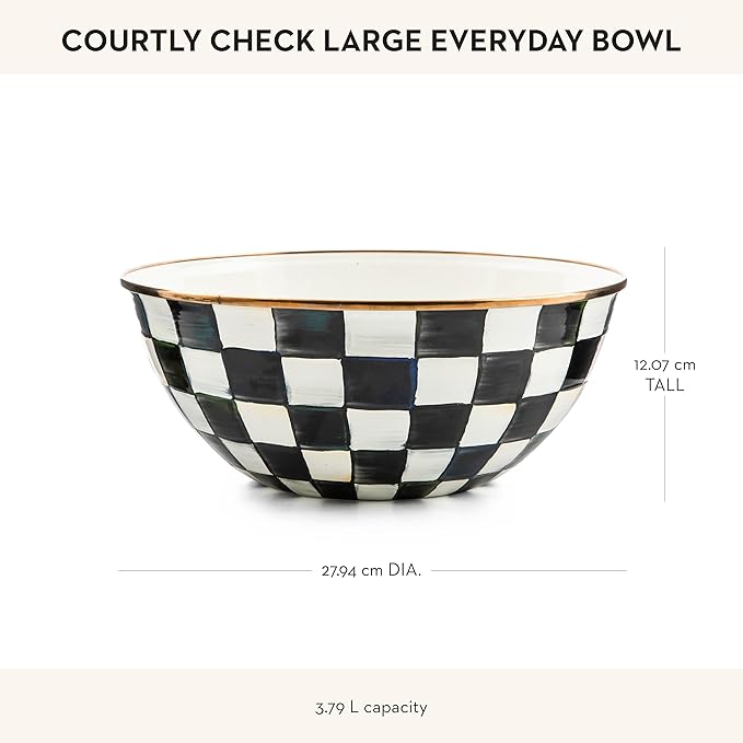 MACKENZIE-CHILDS Enamel Everyday Bowl, Serving Bowl for Entertaining, Large, Black-and-White Courtly Check, Set of 1