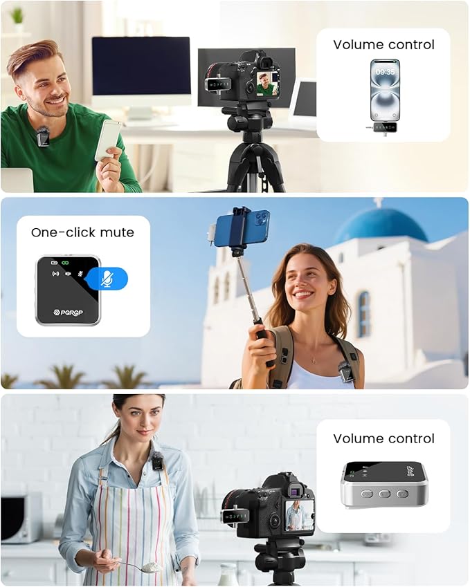 PQRQP 3 in 1 Mini Microphone for iPhone, Android, Camera | 328ft Range & 18H Battery | Noise-Canceling Mini Mic for Interviews, Content Creation, TikTok (Metallic Silver)