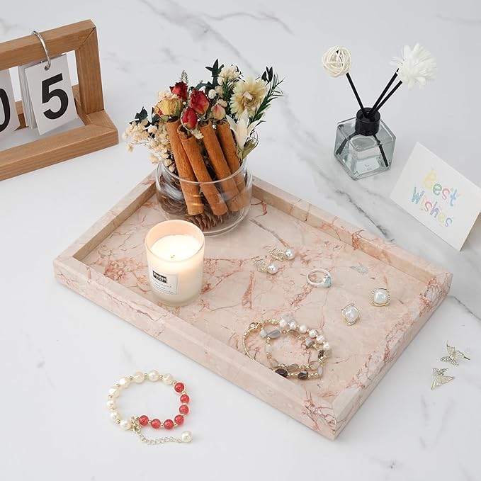 Marble Bathroom Tray,Pure Natural Vanity Tray,Marble Trays for Kitchen Counter Non-Ceramic/Non-Resin,Stone Tray 12 x 8 inch (Pink) ﻿