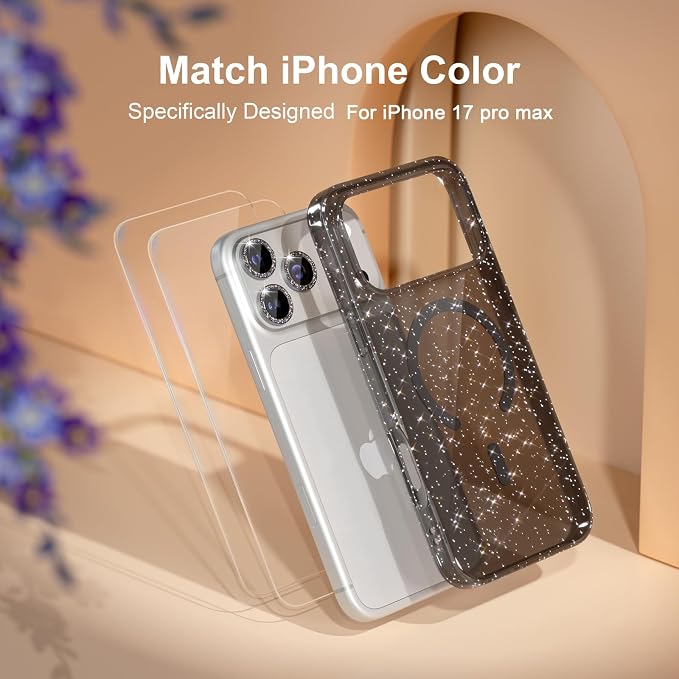 Choiche for iPhone 15 Pro Max Case Compatible with MagSafe Glitter Black | Women Girly Cute Glitter Sparkly Magnetic Phone Case with Diamond Camera Lens Protectors Military-Grade Drop Protection 6.7