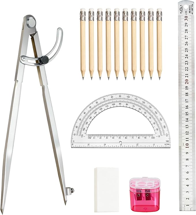 Compass Geometry Tool Set – 12 Inch Drafting Compass with Wing, 6 Inch Protractor, 12 Inch Metal Ruler & Pencils – Precision Drawing Compass for Geometry, Woodworking, Carpenters, Students