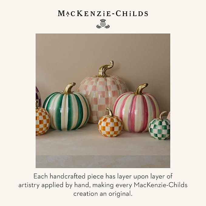 MACKENZIE-CHILDS Pumpkin, Resin Halloween and Fall Decor, Small, Green-and-White Emerald Check