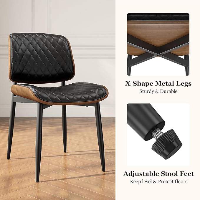 Dining Chairs Set of 2, Mid-Century Modern Upholstered PU Leather Chairs with Walnut Back and Metal Legs Adjustable Feet for Kitchen Dining Room, Black Diamond Plaid