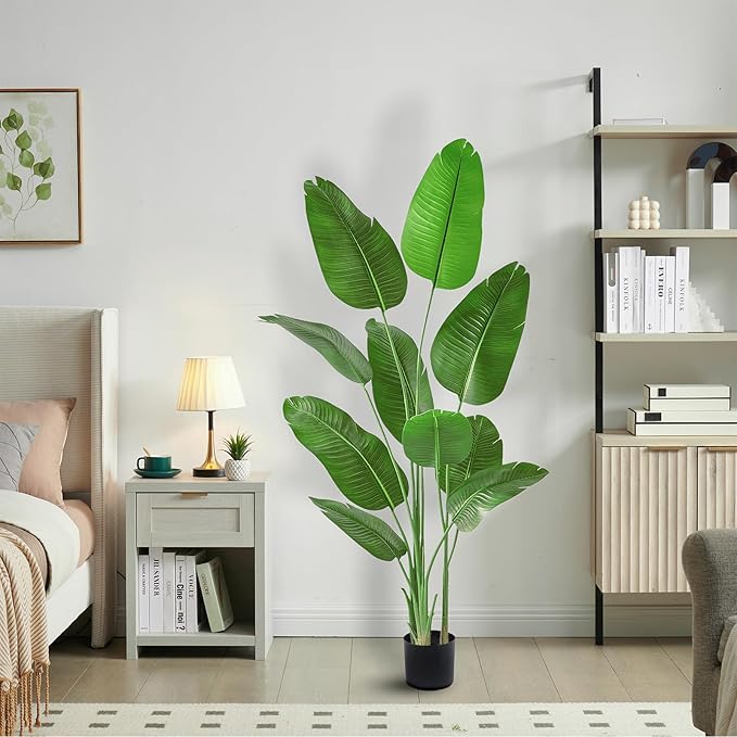 Birds of Paradise Plant Artificial, 6FT Fake Plants Faux Banana Leaf Tree with 10 Banana Leaves, Lifelike Tall Fake Tropical Palm Indoor Silk Floor Plant in Black Pot for House,Office,Room,Home Decor
