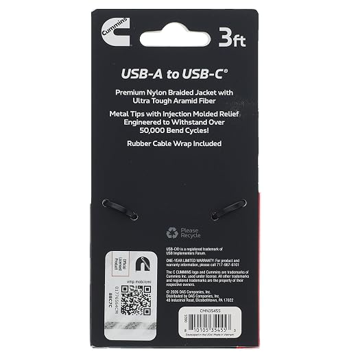 Cummins 3ft USB-A to USB-C Charging Cable Compatible with iPhone and Samsung Premium Braided Aramid Fiber Ultra-Durable