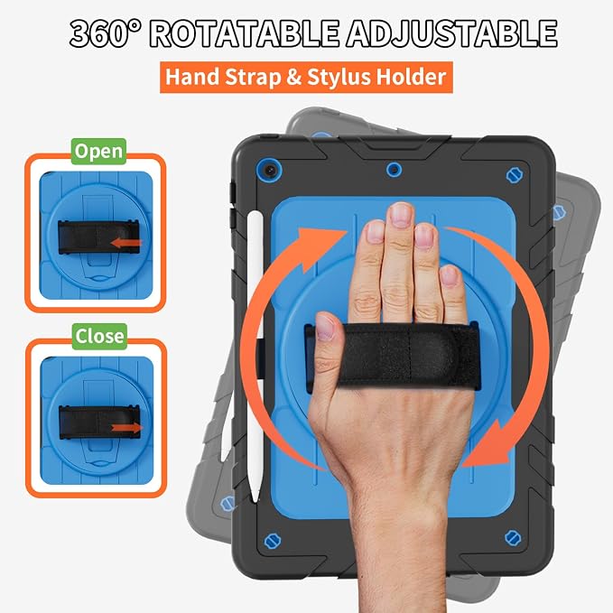 Case for iPad 9th/8th/7th Generation10.2 Shockproof 360 Rotating Stand Shoulder Hand Strap with Pencil Holder for iPad 10.2 inch 2021/2020/2019 Case (Black)