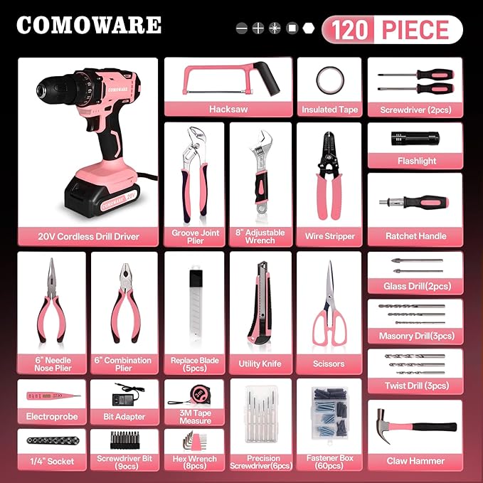 COMOWARE Pink Household Tool Set with 20V Cordless Drill Driver, 120Pcs Hand Tool Kit for Women, Power Drill Set with Plastic Toolbox, Ideal for Office, Garden, DIY Project