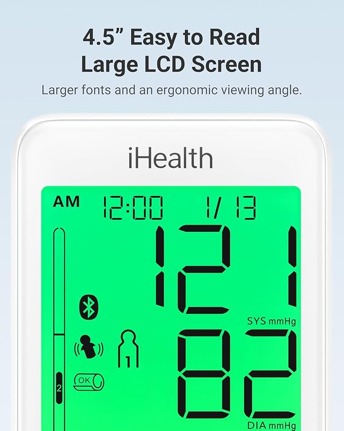 iHealth Accu Luminate Blood Pressure Monitor – 4.5" Tri-Color WHO-Based LCD(White), Clinically Accurate, Irregular Heartbeat Alert, Body & Cuff Detection, Bluetooth Cloud Sync, Large 8.6"–17" Cuff