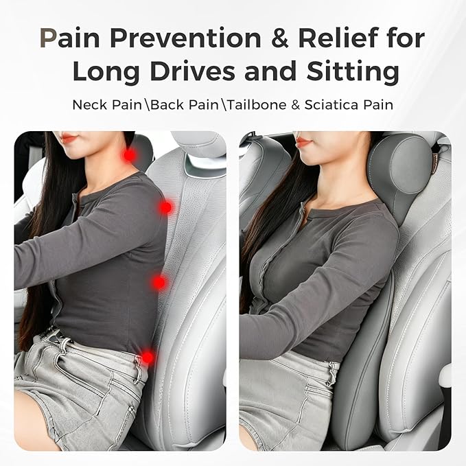 Coverado Lumbar Support Pillow for Car, Ergonomic Memory Foam Back Pillow for Office Chair, Back Cushion for Back Pain Relief, PU Leather Car Lumbar Support for Driving Seat - Gray
