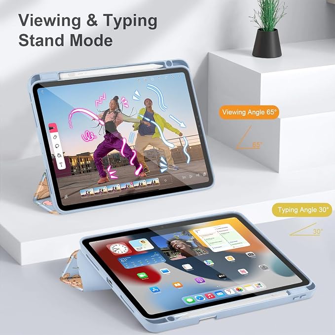 May Chen Case for iPad 12.9 Inch (6th/5th/4th/3rd Generation 2022/2021/2020/2018) Pencel Holder + Trifold Support Auto Sleep/Wake Transparent Shockproof Back Cover Blue Bows