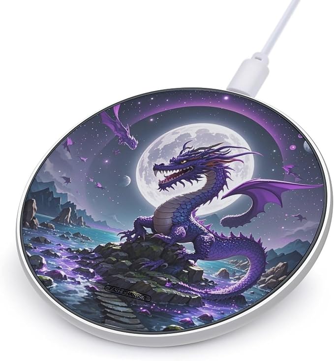 Purple Dragon Moon Wireless Charger Aluminum Alloy Frame 10W Fast Charging Pad with Indicator Light 6mm Thin &amp Portable Wireless Charging Pad for Travel Home Office Desk