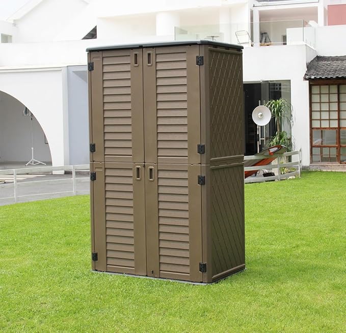 KINYING Outdoor Storage Shed Waterproof, Resin Vertical Outdoor Storage Cabinet for Patio Furniture, Garden Tools, Pool Accessories, Mower Storage (66 Cu.ft, Dark Brown)