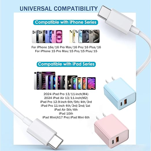 10FT iPhone 17/16e Fast Charger2Pack 20W Dual Port USB A+C QC Apple Adapter with 10 Foot USB C to C Fast Charging Cable Cord for iPhone 17Air/17Pro/17Pro Max/16/16Pro/15/15Pro/Pro Max/Plus(Blue/Pink)