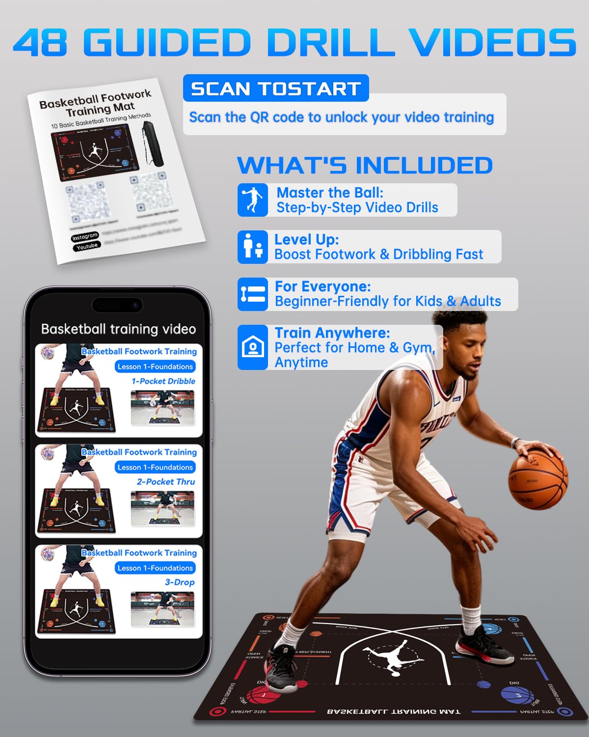 ZVD Portable Basketball Training Mat - Non-Slip Footwork Agility Mat for All basketball enthusiasts, Durable Basketball Footwork Training Equipment to Improve Speed, Strength, Coordination