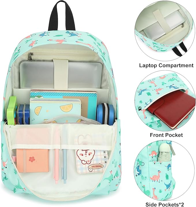 Dinosaur Girls Backpack for School, Kids Elementary School Bag Teens Middle Bookbag Set with Lunch Box Pencil Case (Green)