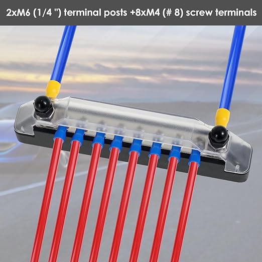 JUNXILPPD 12V Stainless Steel Bus Bar Marine Simplify Wiring Power Distribution Block Space Saving Battery Buss Bar High Security for Boat 2 x 1/4" Posts, 8 x #8 Screws Terminals (Black+Red)