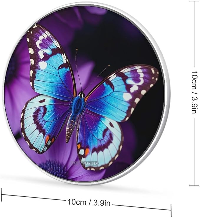 Blue Purple Butterfly Wireless Charger 10W Portable Fast Wireless Charging Pad Compatible with Phone Slim Charging Station Lightweight Charger Mat Charging Block for Travel Home Office