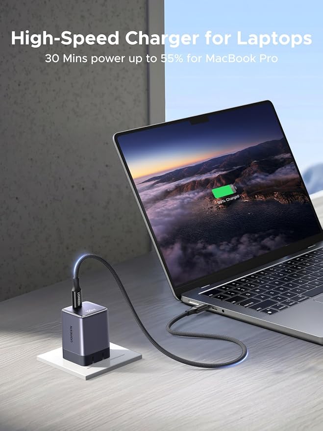 UGREEN Nexode Air 100W Wall Charger Block with USB C Cable Compact Foldable GaN Fast Charging PD Type-C Charger Compatible with MacBook iPhone 17 Pro Max Galaxy Grey